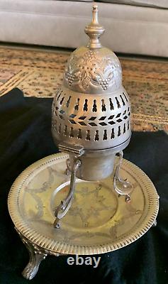 Vintage Brass Copper Moroccan Arabic Incense Burner On Engraved Plate
