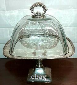 Vintage Cake Plate Stand Silver Plate with Hand Blown Glass by Godinger