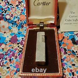 Vintage Cartier Silver Plated Cube Lighter 1972 Flip Top With Original Case Deco