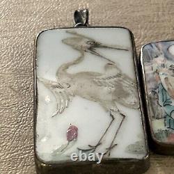 Vintage Chinese Porcelain Pottery Shard Pendant Silver Plated