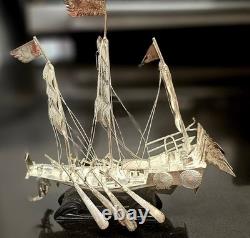 Vintage Chinese Silver-Plated Dragon Boat, War Junk Model