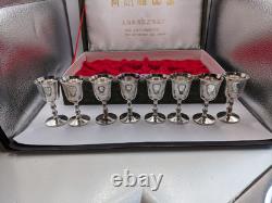 Vintage Chinese Silver-Plated Mini Chalice's Set Of 8 In Original Box