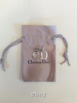 Vintage Christian Dior Silver C & D Drop Pierced Ear Earrings In Original Pouch