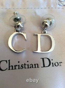Vintage Christian Dior Silver C & D Drop Pierced Ear Earrings In Original Pouch