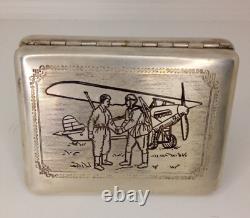 Vintage Cigarette Case Silver Plated Pilot Plane Military Russian Box Sing 1931