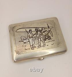 Vintage Cigarette Case Silver Plated Pilot Plane Military Russian Box Sing 1931