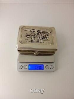 Vintage Cigarette Case Silver Plated Pilot Plane Military Russian Box Sing 1931