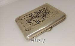 Vintage Cigarette Case Silver Plated Pilot Plane Military Russian Box Sing 1931