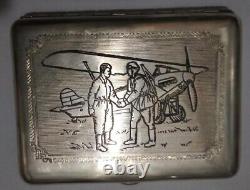 Vintage Cigarette Case Silver Plated Plane Pilot Military Russian Box Rare 1931