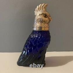 Vintage Cockatoo Glass Decanter- Silver Plate & Blue Parrot Bird Wine Victorian