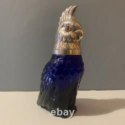 Vintage Cockatoo Glass Decanter- Silver Plate & Blue Parrot Bird Wine Victorian