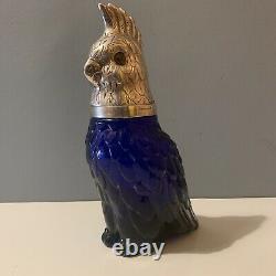 Vintage Cockatoo Glass Decanter- Silver Plate & Blue Parrot Bird Wine Victorian