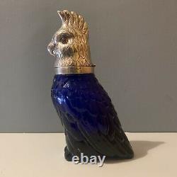 Vintage Cockatoo Glass Decanter- Silver Plate & Blue Parrot Bird Wine Victorian