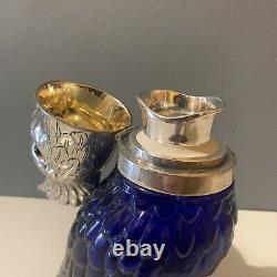 Vintage Cockatoo Glass Decanter- Silver Plate & Blue Parrot Bird Wine Victorian