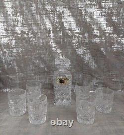 Vintage Crystal Decanter & 6 Whisky Glasses Cut Glass Silver Plated Whiskey Tag