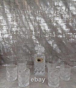 Vintage Crystal Decanter & 6 Whisky Glasses Cut Glass Silver Plated Whiskey Tag