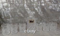 Vintage Crystal Decanter & 6 Whisky Glasses Cut Glass Silver Plated Whiskey Tag