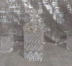 Vintage Crystal Decanter & 6 Whisky Glasses Cut Glass Silver Plated Whiskey Tag