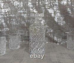 Vintage Crystal Decanter & 6 Whisky Glasses Cut Glass Silver Plated Whiskey Tag