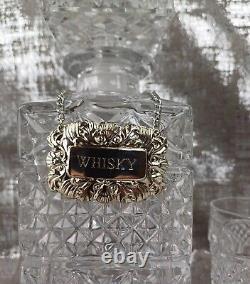 Vintage Crystal Decanter & 6 Whisky Glasses Cut Glass Silver Plated Whiskey Tag