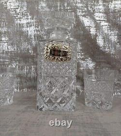 Vintage Crystal Decanter & 6 Whisky Glasses Cut Glass Silver Plated Whiskey Tag