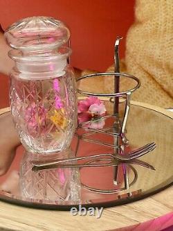 Vintage Cut Glass Pickle/Olive Jar with Silver Plated Stand and Fork