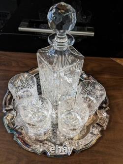 Vintage Edinburgh Crystal Continental Whiskey Set &Silver Plated Tray, New NOS