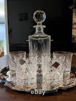 Vintage Edinburgh Crystal Continental Whiskey Set &Silver Plated Tray, New NOS