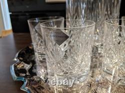 Vintage Edinburgh Crystal Continental Whiskey Set &Silver Plated Tray, New NOS