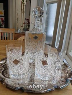 Vintage Edinburgh Crystal Continental Whiskey Set &Silver Plated Tray, New NOS