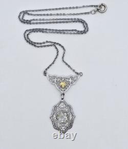 Vintage Edwardian Filigree Glass Lavalier Necklace Rhodium Plated Antique