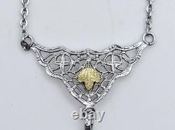 Vintage Edwardian Filigree Glass Lavalier Necklace Rhodium Plated Antique