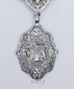 Vintage Edwardian Filigree Glass Lavalier Necklace Rhodium Plated Antique