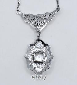 Vintage Edwardian Filigree Glass Lavalier Necklace Rhodium Plated Antique
