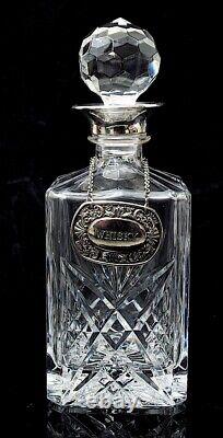 Vintage English Cut Glass Crystal 75oml Decanter With Silver Plated Whisky Tag