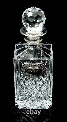 Vintage English Cut Glass Crystal 75oml Decanter With Silver Plated Whisky Tag