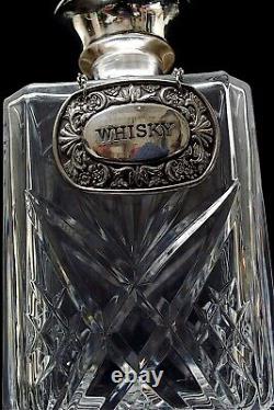 Vintage English Cut Glass Crystal 75oml Decanter With Silver Plated Whisky Tag