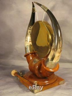 Vintage English Victorian Antique Horn Dinner Gong Silver plate oak base c1900