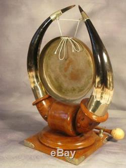 Vintage English Victorian Antique Horn Dinner Gong Silver plate oak base c1900