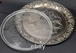 Vintage FRANCE 7Glass Plate in Silver Plated Round EPNS Large Tray 40cm Diameter