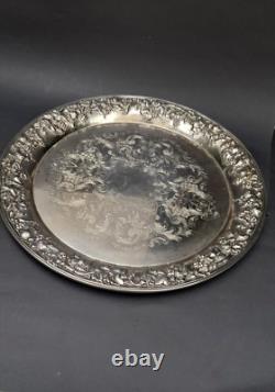 Vintage FRANCE 7Glass Plate in Silver Plated Round EPNS Large Tray 40cm Diameter