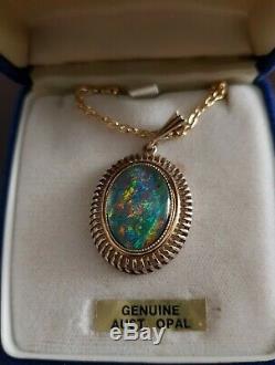 Vintage Genuine Australian Opal &14k Yellow Gold Plated Sterling Silver Pendant