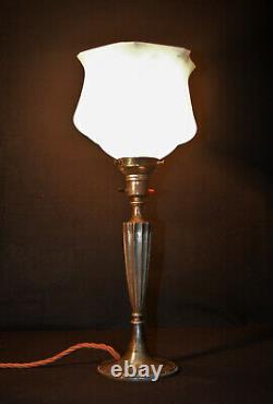 Vintage George V C-1920 L/E silver-plated table lamp hand painted Opaline shade