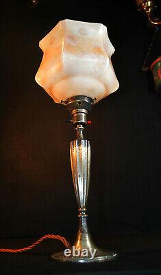 Vintage George V C-1920 L/E silver-plated table lamp hand painted Opaline shade