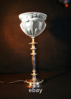 Vintage (George-V) C-1920 silver-plated table lamp hand moulded Opaline shade