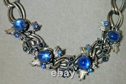 Vintage Germany Signed Silver Plate Sapphire Glass Chain Necklace