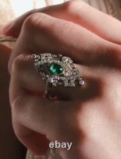 Vintage Green Emerald Moissanite Unique Wedding Ring 14K White Gold Plated 925