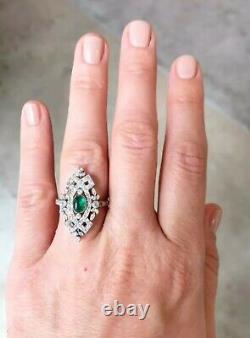 Vintage Green Emerald Moissanite Unique Wedding Ring 14K White Gold Plated 925