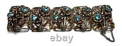 Vintage Hobe Sterling Wide Bracelet Aqua Rhinestones 1/20 14k Gold Plated Signed