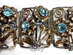 Vintage Hobe Sterling Wide Bracelet Aqua Rhinestones 1/20 14k Gold Plated Signed